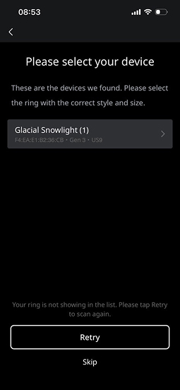 Select ring size and model in the Dr.AI Ring app